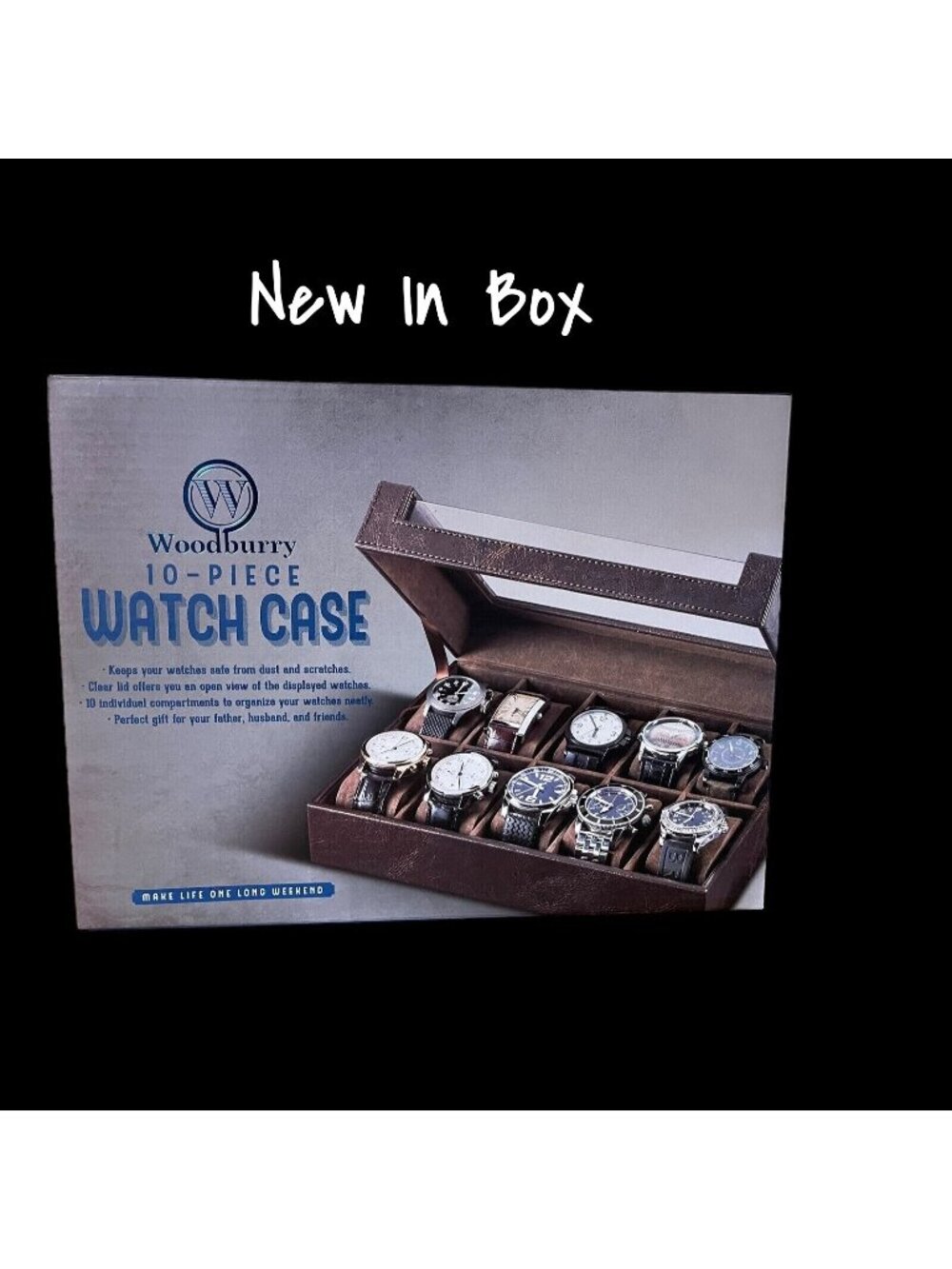 Woodbury Men’s 10‑Slot Watch Case Organizer Faux Leather Clear Lid NIB New